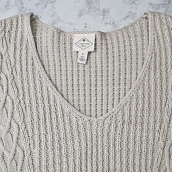 Womens Sz XL Tan Silver Metallic Thread Cable Knit V-neck Tunic Sweater - Picture 3 of 13